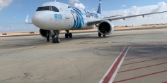أول رحلة دولية لمصرللطيران من مطار سفنكس الدولي