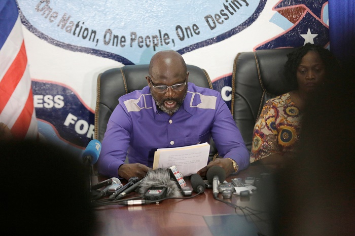 President-elect George Weah of Coalition for Democratic Change (CDC) attends a news conference at party headquarters, after the announcement of the presidential election results, in Monrovia, Liberia, December 30, 2017. REUTERS/Thierry Gouegnon
