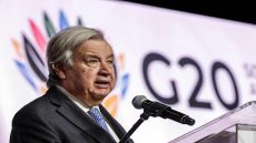 UN Secretary General Antonio Guterres speaks during a press conference at the Nasrec Expo Centre in Johannesburg on November 21, 2025, ahead of the G20 Leaders' Summit. (Photo by GIANLUIGI GUERCIA / AFP)