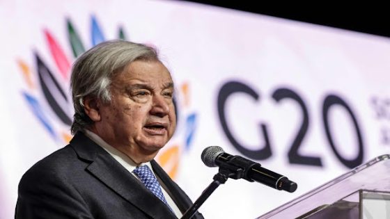 UN Secretary General Antonio Guterres speaks during a press conference at the Nasrec Expo Centre in Johannesburg on November 21, 2025, ahead of the G20 Leaders' Summit. (Photo by GIANLUIGI GUERCIA / AFP)