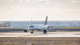 Kyiv, Ukraine - March 17, 2019: Lufthansa Airbus A320 taxiing to the runway in the airport