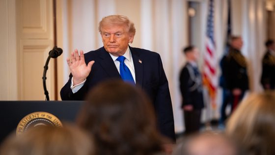 WASHINGTON, DC - FEBRUARY 23: President Donald Trump departs the Angel Families Remembrance Ceremony in the East Room of the White House in Washington, DC on February 23, 2026. (Photo by Nathan Posner/Anadolu via Getty Images)