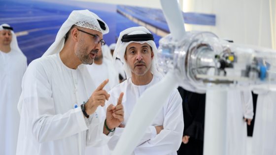 AL WATHBA, ABU DHABI, UNITED ARAB EMIRATES - November 16, 2023: HH Sheikh Hazza bin Zayed Al Nahyan, Deputy Ruler of Abu Dhabi (R), attends the inauguration of Al Dhafra PV2 Solar Power Plant. ( Hamad Al Kaabi / UAE Presidential Court )
---