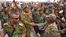 Sudanese army chief Abdel Fattah al-Burhan visits the Flamingo Marine Base in Port Sudan on August 28, 2023. The war between Burhan and his former deputy Mohamed Hamdan Daglo, who commands the paramilitary Rapid Support Forces (RSF), has raged since April 15, spreading from Khartoum and Darfur to Kordofan and Jazira state, killing thousands and forcing millions to flee their homes. (Photo by AFP) (Photo by -/AFP via Getty Images)