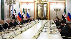 epa12455784 Russian President Vladimir Putin and Syrian interim President Ahmed al-Sharaa attend an expanded format meeting at the Kremlin in Moscow, Russia, 15 October 2025. EPA/SERGEY BOBYLEV/SPUTNIK/KREMLIN POOL