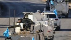 Vehicles from he United Nations Interim Force in Lebanon (UNIFIL) patrol in Marjayoun in southern Lebanon on October 12, 2024. UNIFIL, which says it has come under repeated fire in the Israeli-Hezbollah war in recent days, has patrolled the troubled border for decades. (Photo by AFP)